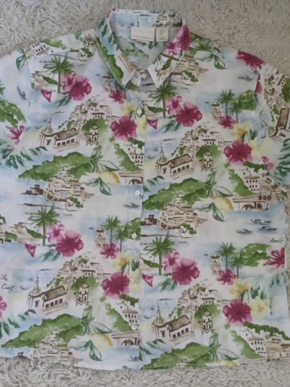 Cynthia Rowley L 100% Linen Amalfi Coast Scenic Print Camp Shirt Italy Blouse